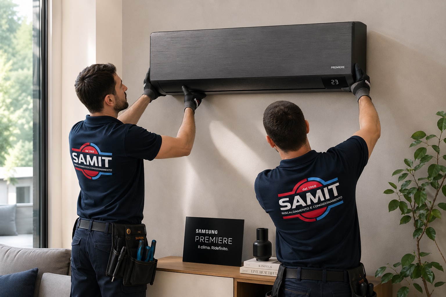 Tecnici Samit durante l'installazione di un condizionatore a Montecchio Maggiore